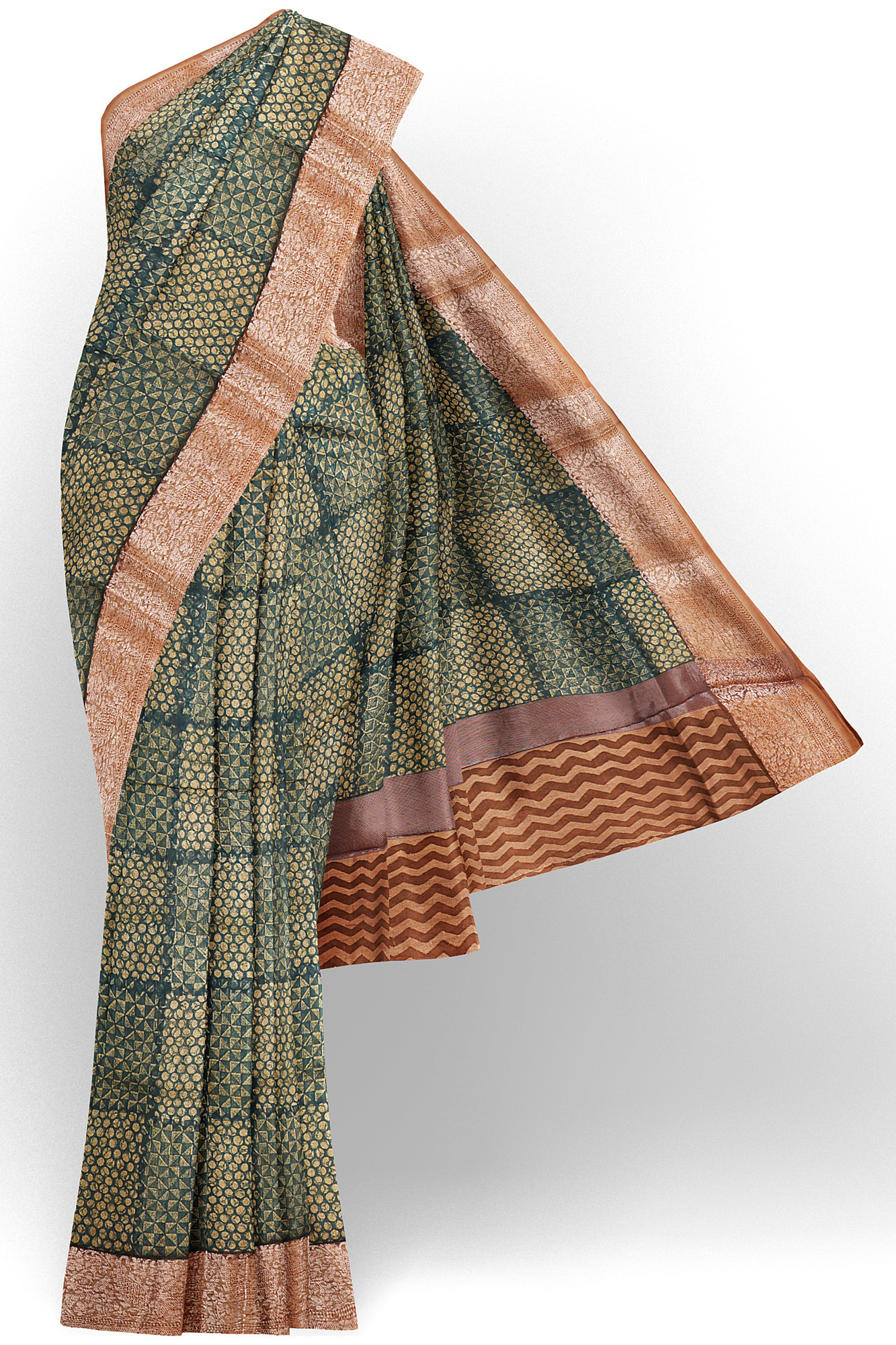 sri kumaran stores linen cotton dark green saree with copper colour border 1