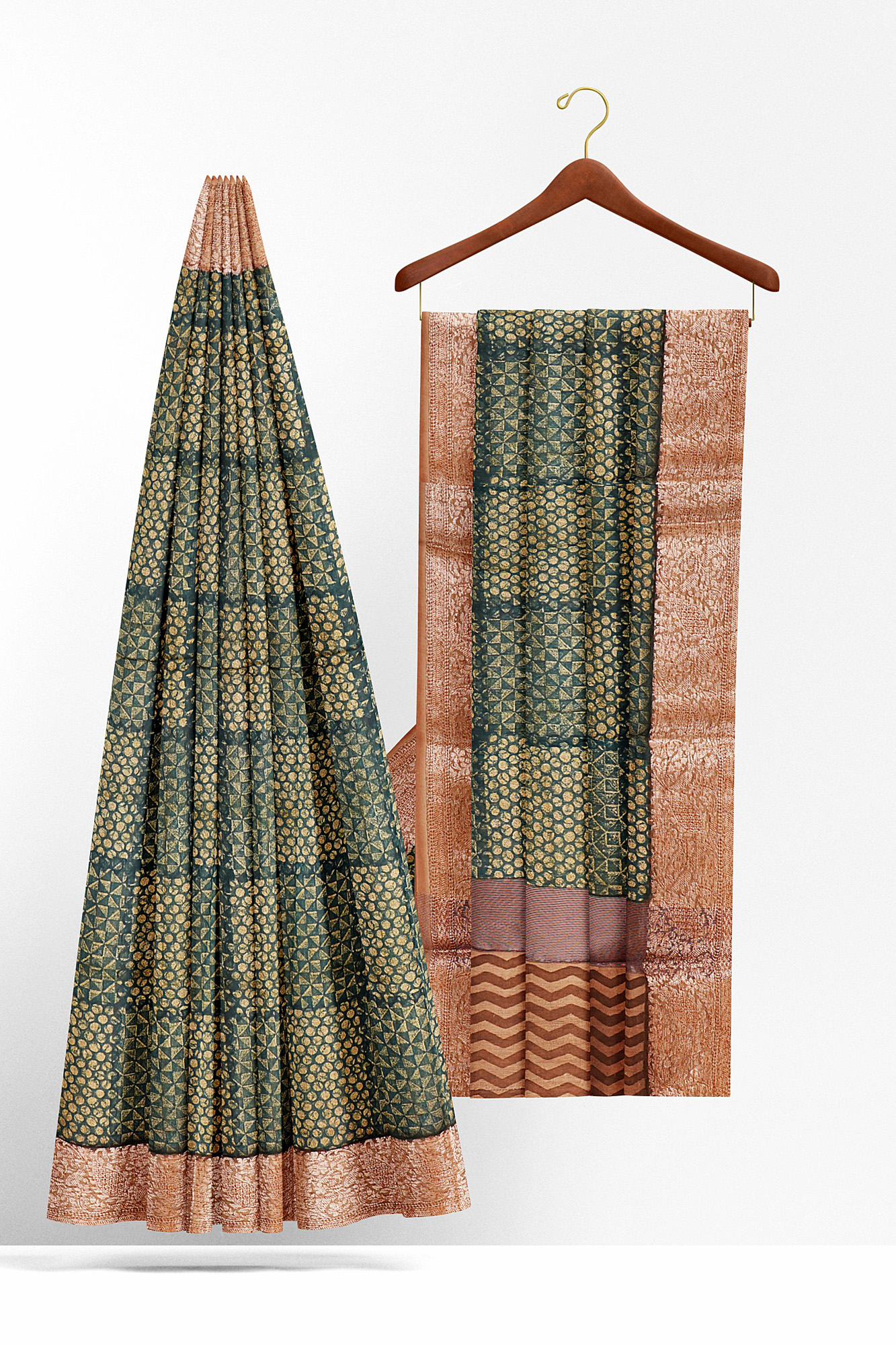 sri kumaran stores linen cotton dark green saree with copper colour border 2