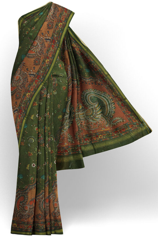 sri kumaran stores linen cotton dark green saree with orange border 1