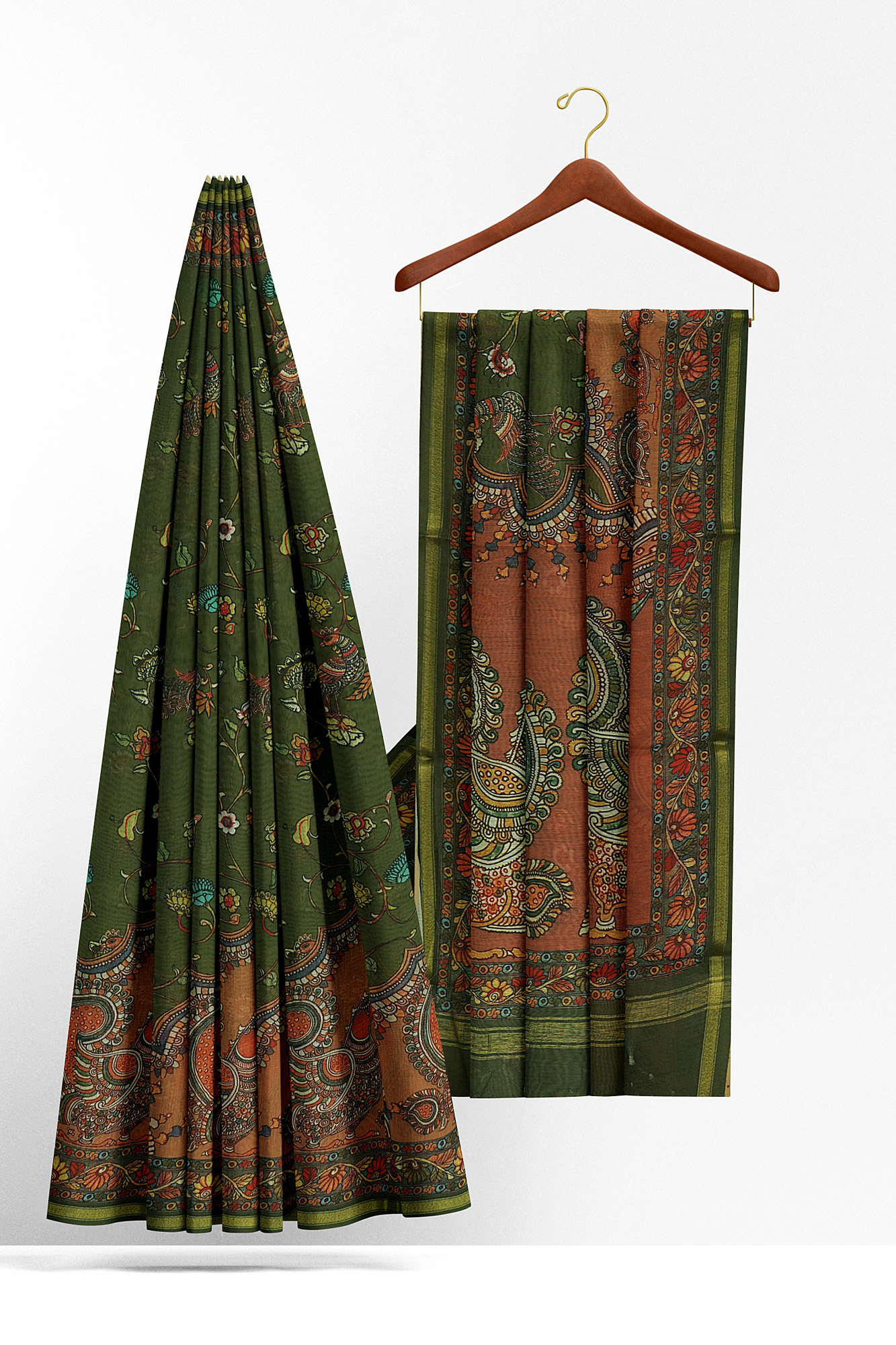sri kumaran stores linen cotton dark green saree with orange border 2