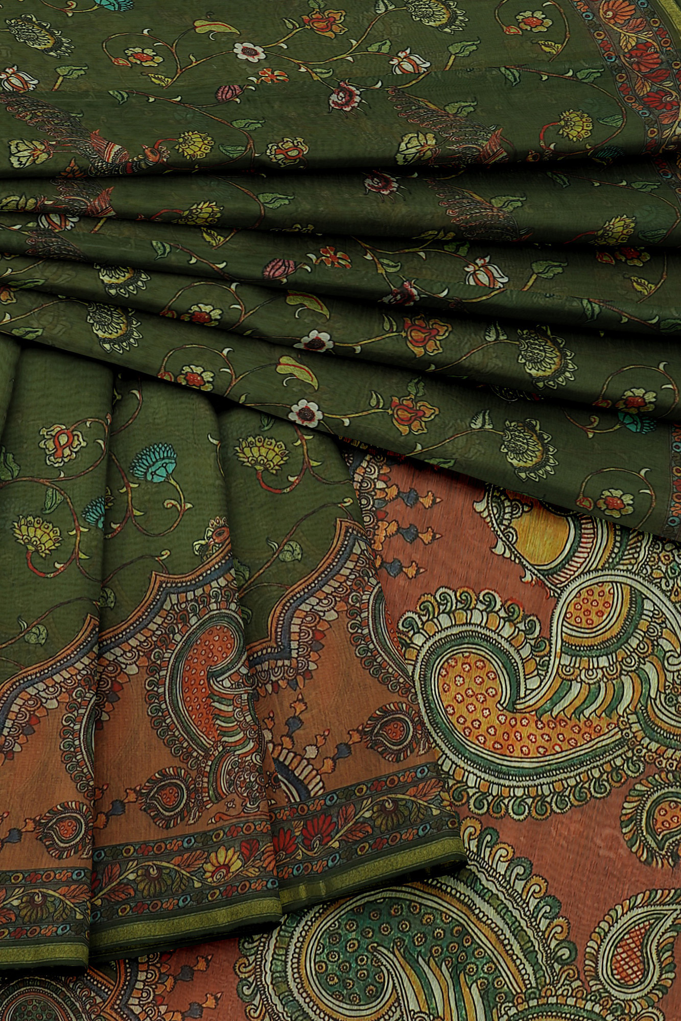 sri kumaran stores linen cotton dark green saree with orange border 5