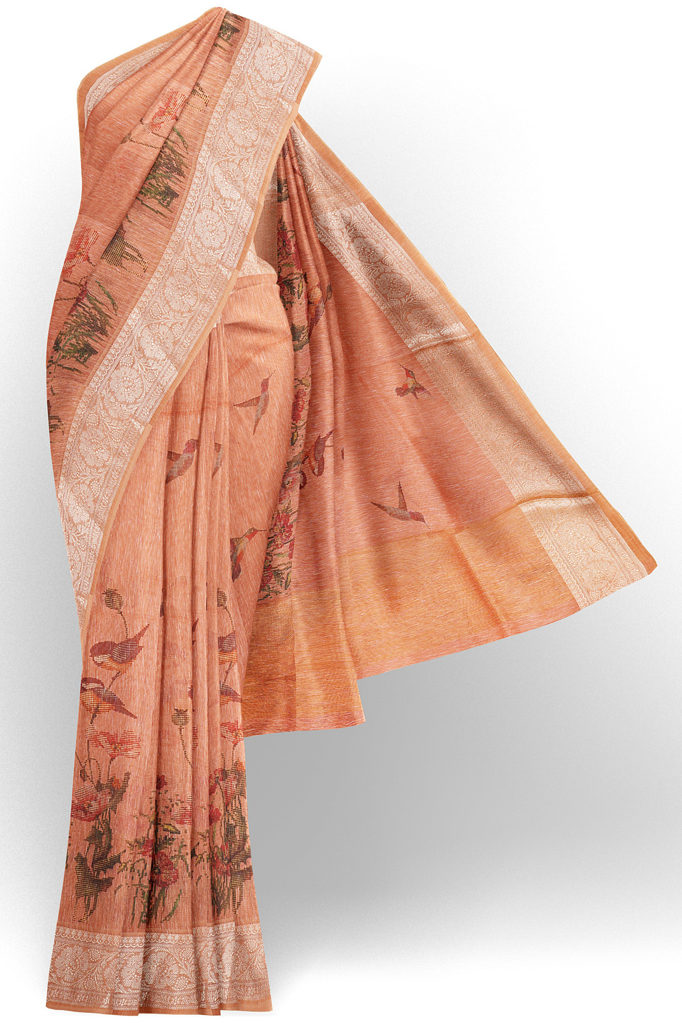 sri kumaran stores linen cotton dark orange saree with golden silver border 1