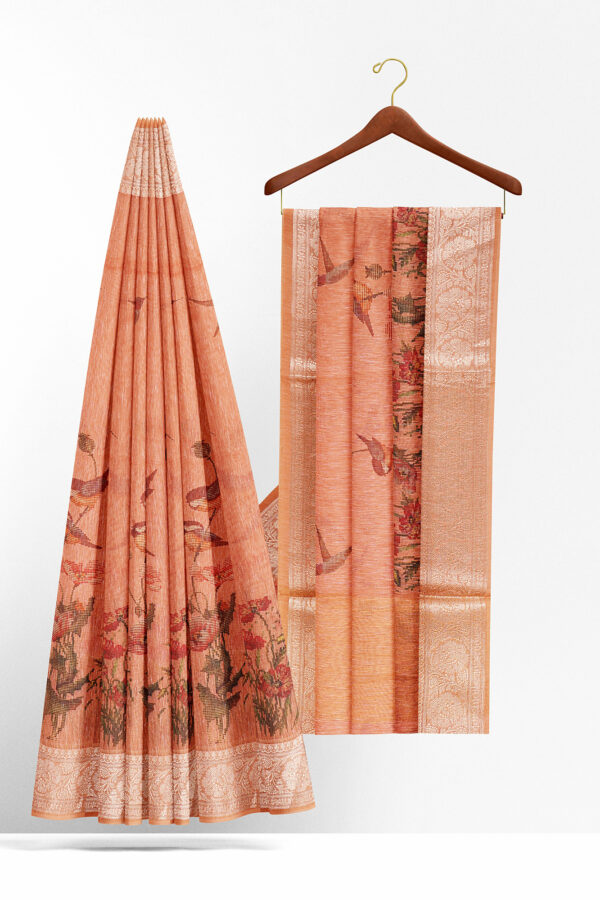 sri kumaran stores linen cotton dark orange saree with golden silver border 2