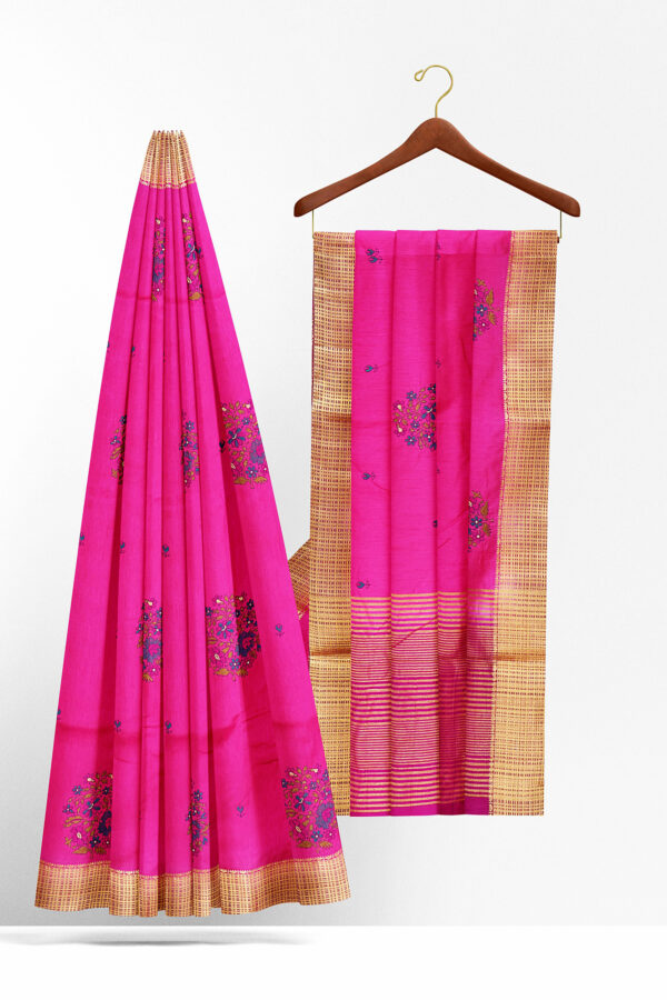 sri kumaran stores linen cotton dark pink saree with golden border 1 2