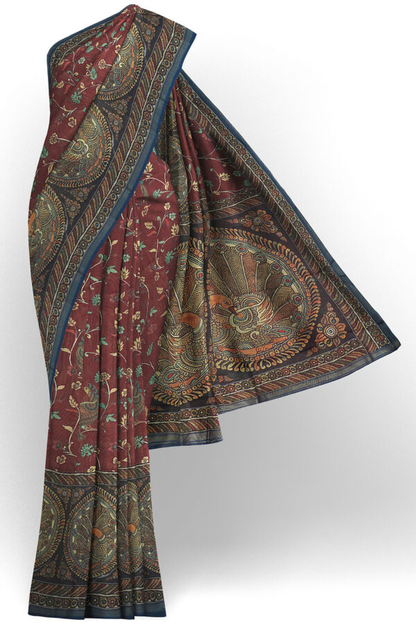 sri kumaran stores linen cotton dark red saree with blue border 1
