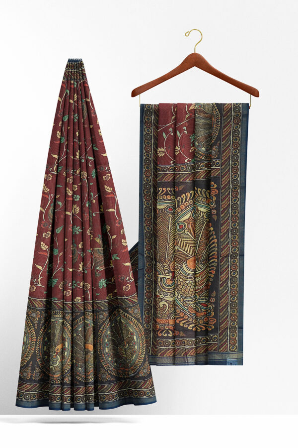 sri kumaran stores linen cotton dark red saree with blue border 2