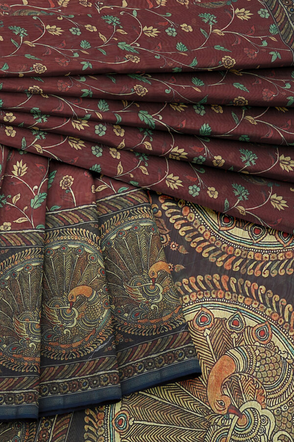 sri kumaran stores linen cotton dark red saree with blue border 5