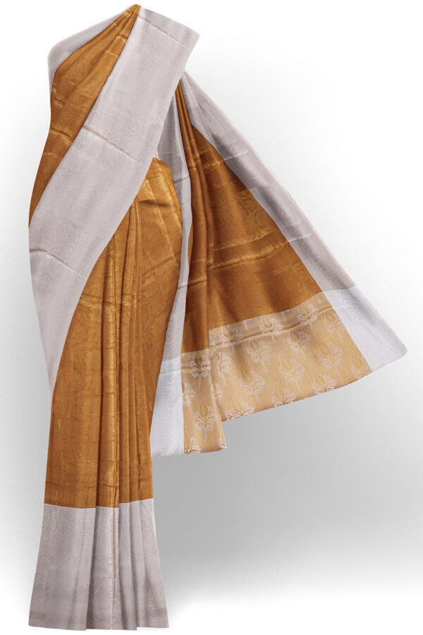 sri kumaran stores linen cotton golden saree with silver border 1