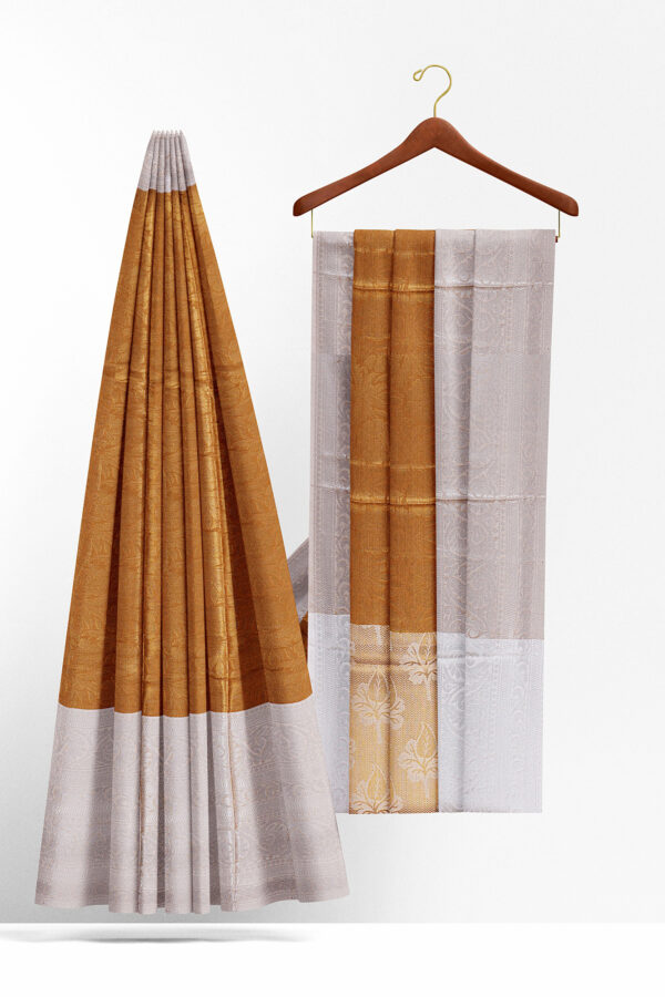 sri kumaran stores linen cotton golden saree with silver border 2