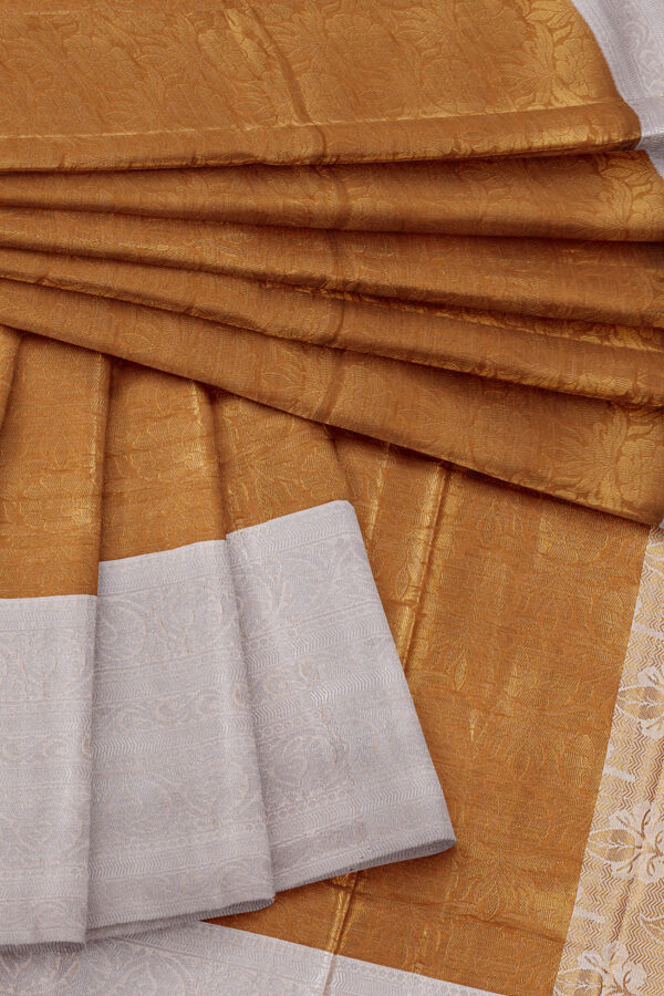 sri kumaran stores linen cotton golden saree with silver border 5