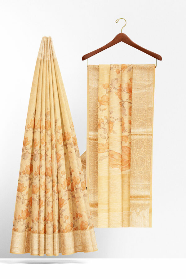 sri kumaran stores linen cotton golden yellow saree with golden border 2