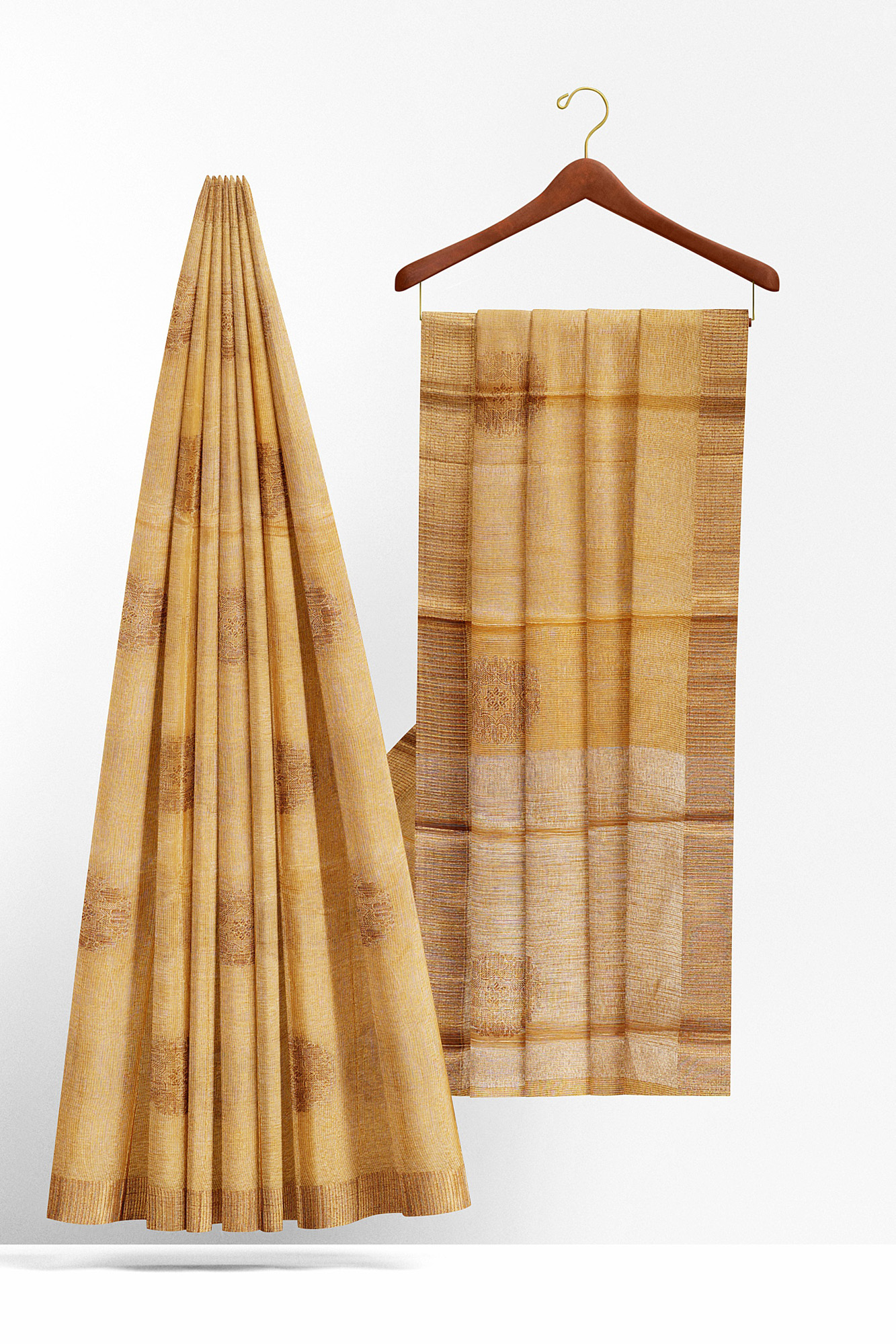 sri kumaran stores linen cotton golden yellow saree with golden brown border 2