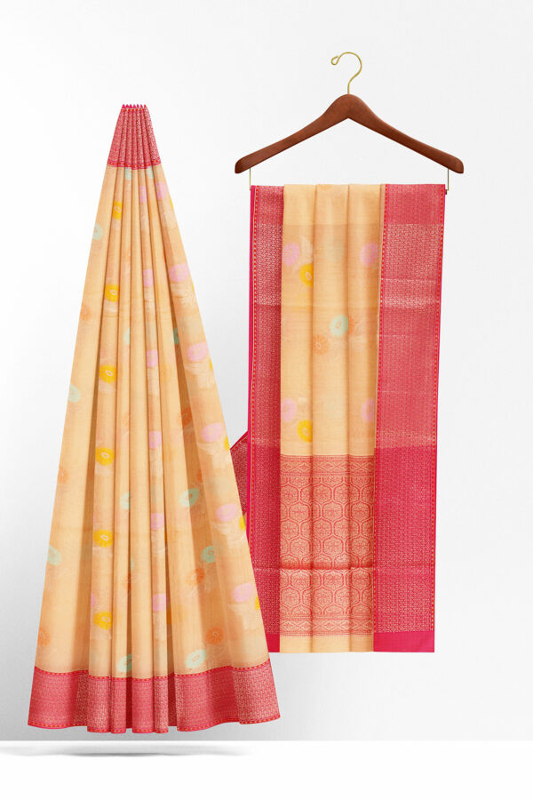 sri kumaran stores linen cotton golden yellow saree with red border 2