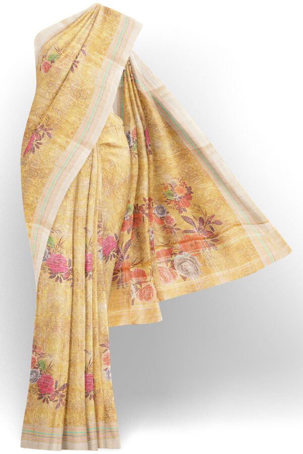 sri kumaran stores linen cotton golden yellow saree with yellow border 1