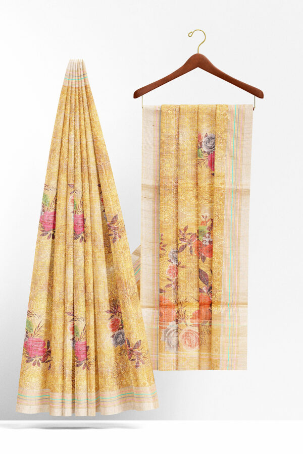 sri kumaran stores linen cotton golden yellow saree with yellow border 2