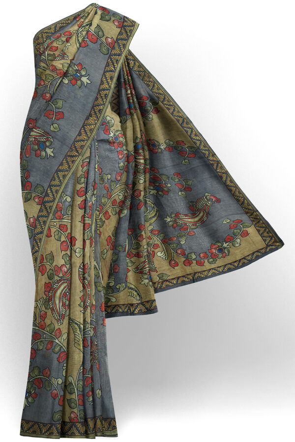 sri kumaran stores linen cotton green and grey saree with green border 1