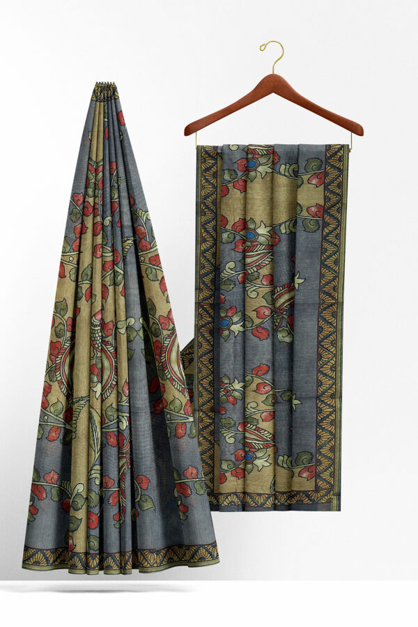sri kumaran stores linen cotton green and grey saree with green border 2