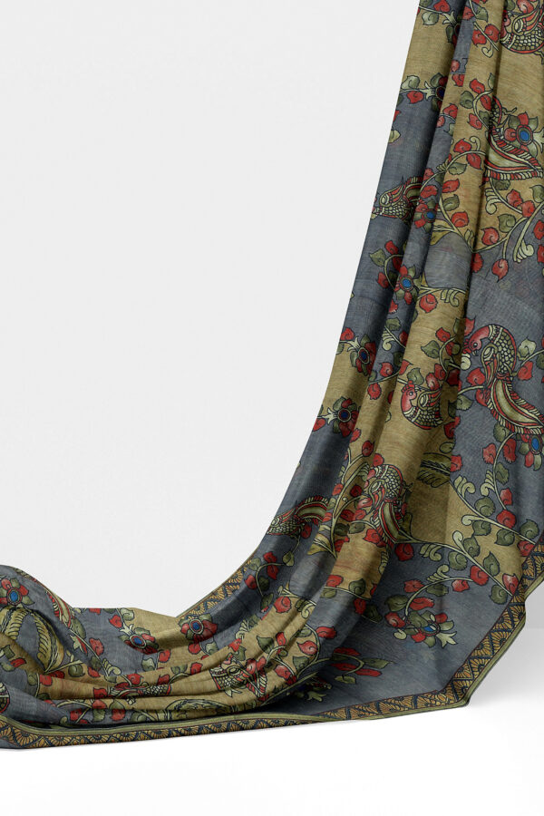 sri kumaran stores linen cotton green and grey saree with green border 3
