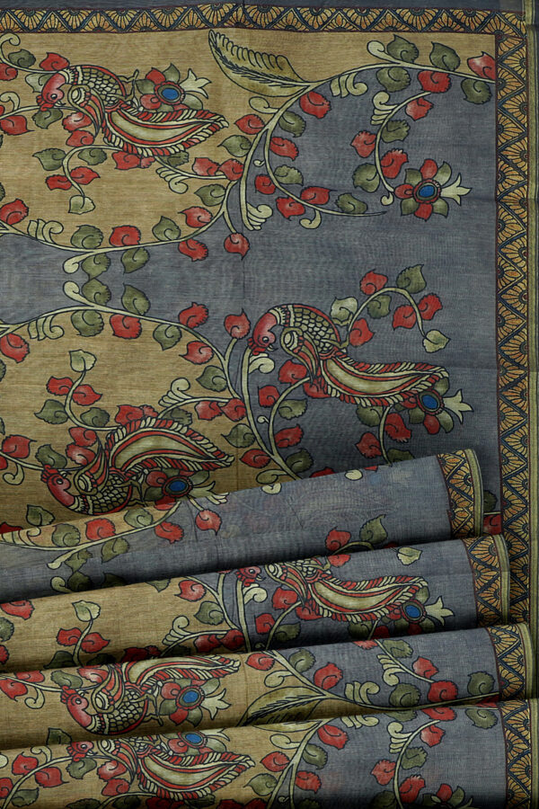 sri kumaran stores linen cotton green and grey saree with green border 4