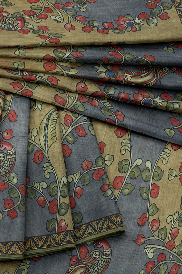 sri kumaran stores linen cotton green and grey saree with green border 5