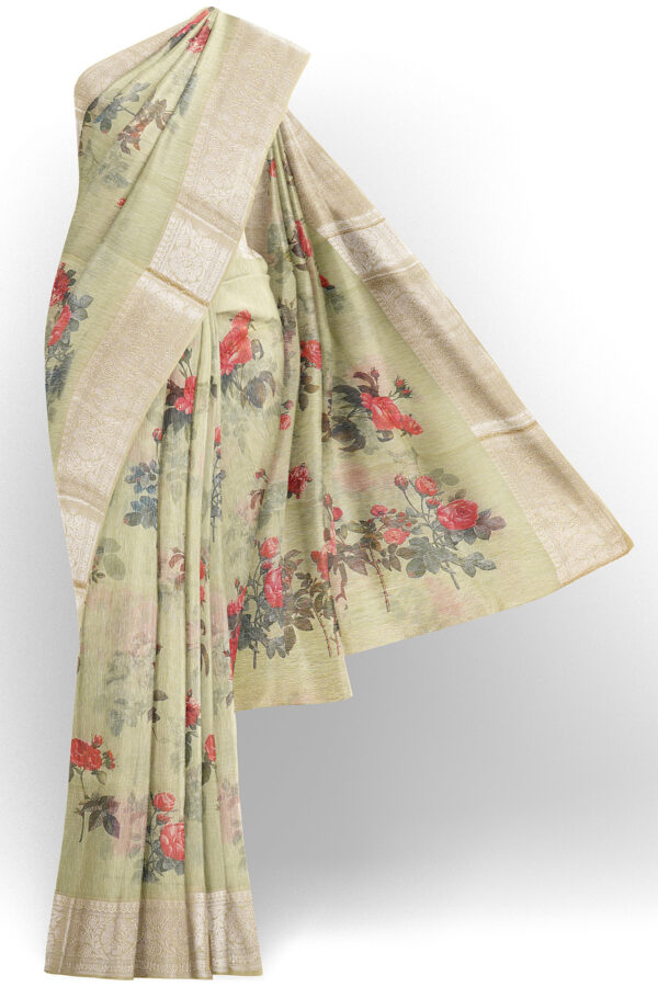 sri kumaran stores linen cotton green saree with silver border 1