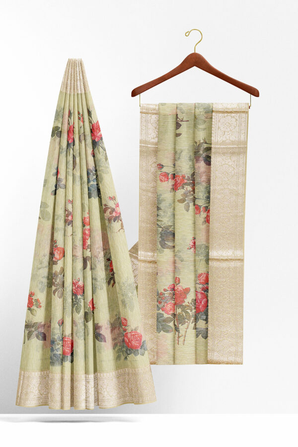 sri kumaran stores linen cotton green saree with silver border 2