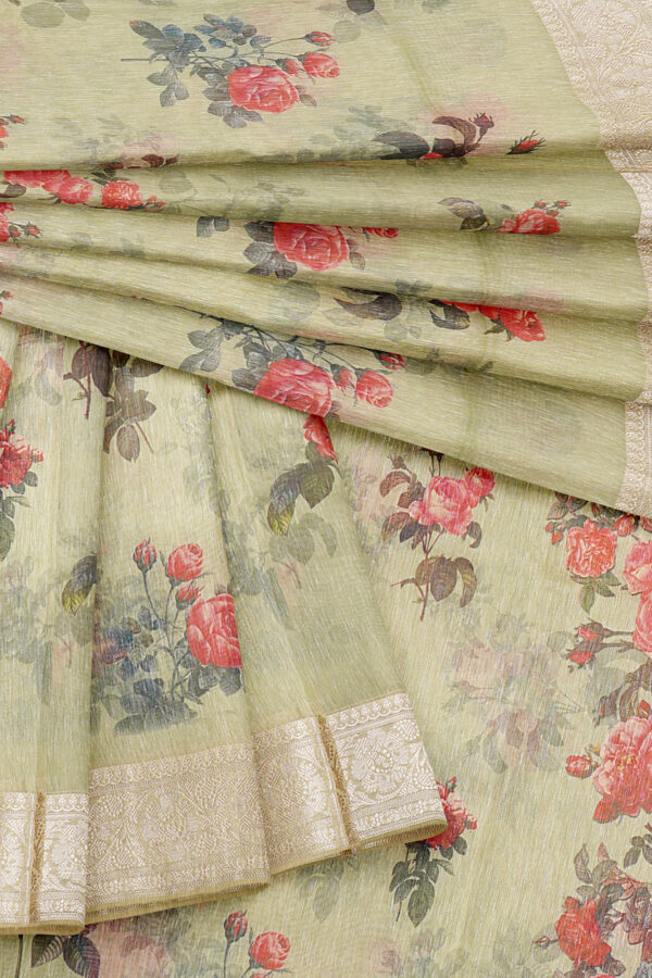 sri kumaran stores linen cotton green saree with silver border 5