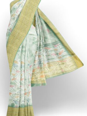 sri kumaran stores linen cotton greenish white saree with golden border 1