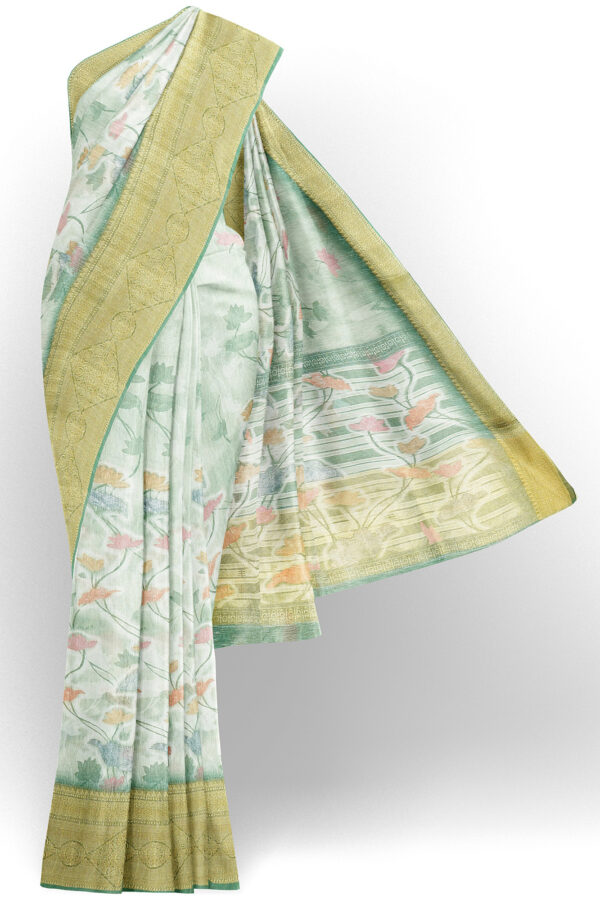 sri kumaran stores linen cotton greenish white saree with golden border 1