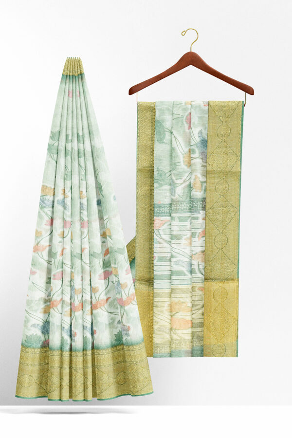 sri kumaran stores linen cotton greenish white saree with golden border 2