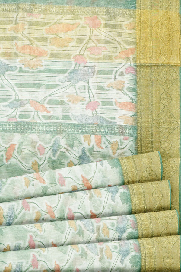 sri kumaran stores linen cotton greenish white saree with golden border 4