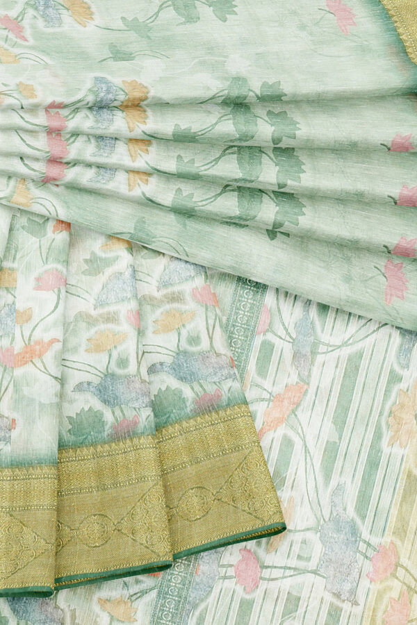 sri kumaran stores linen cotton greenish white saree with golden border 5