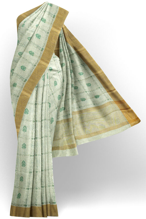 sri kumaran stores linen cotton greenish white saree with golden border 1 1