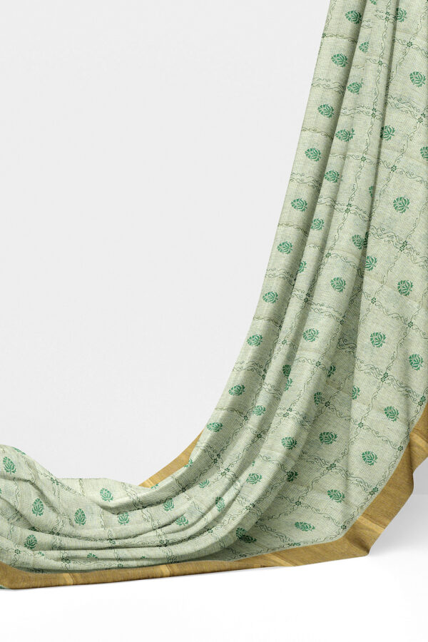 sri kumaran stores linen cotton greenish white saree with golden border 1 3