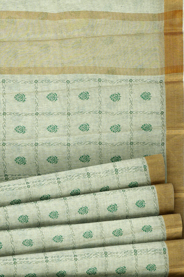 sri kumaran stores linen cotton greenish white saree with golden border 1 4