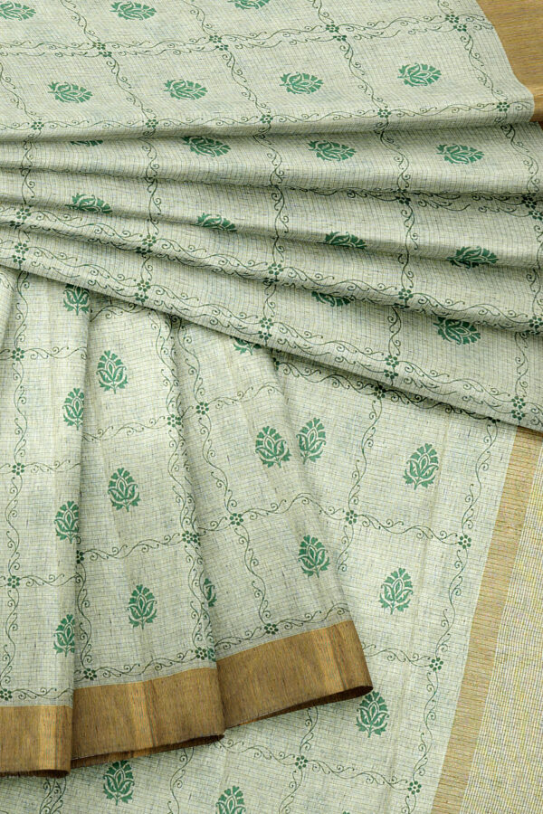 sri kumaran stores linen cotton greenish white saree with golden border 1 5