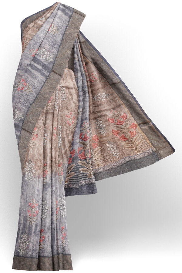 sri kumaran stores linen cotton grey and brown saree with golden border 1