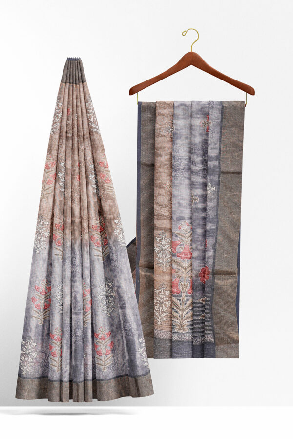 sri kumaran stores linen cotton grey and brown saree with golden border 2