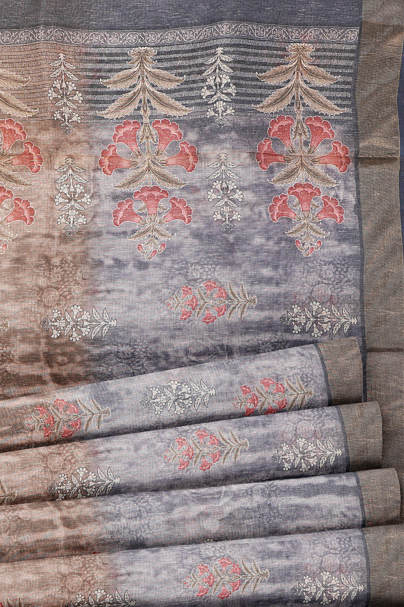 sri kumaran stores linen cotton grey and brown saree with golden border 4