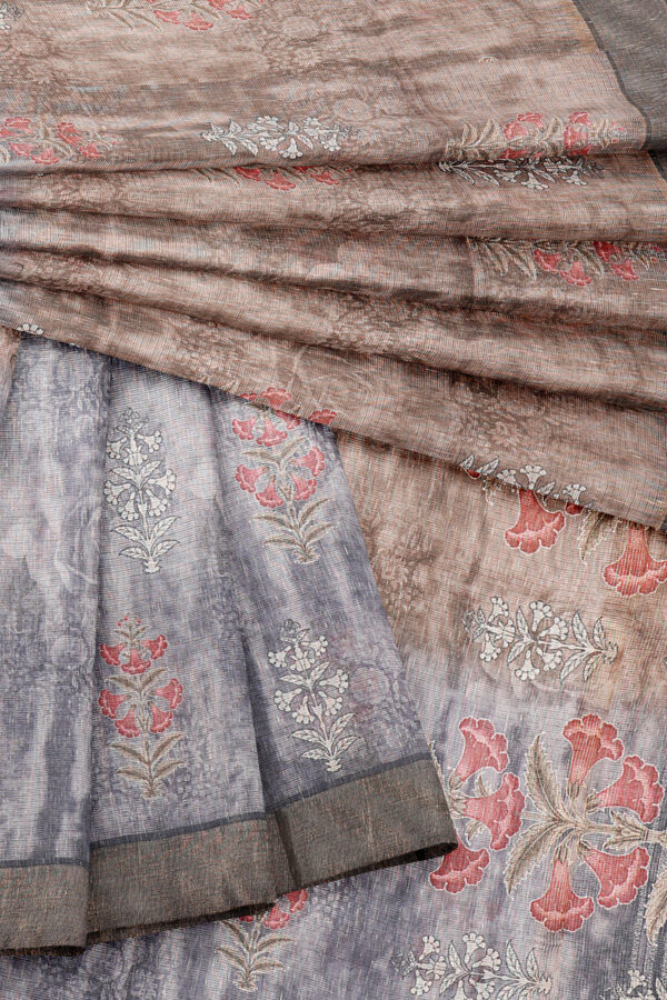 sri kumaran stores linen cotton grey and brown saree with golden border 5