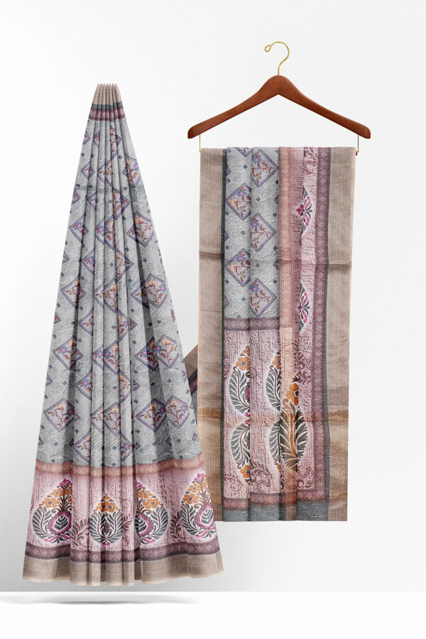 sri kumaran stores linen cotton grey saree with golden black border 2