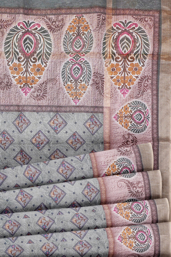 sri kumaran stores linen cotton grey saree with golden black border 4