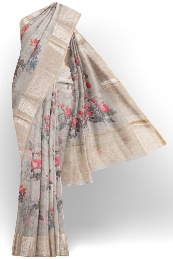 sri kumaran stores linen cotton grey saree with silver border 1