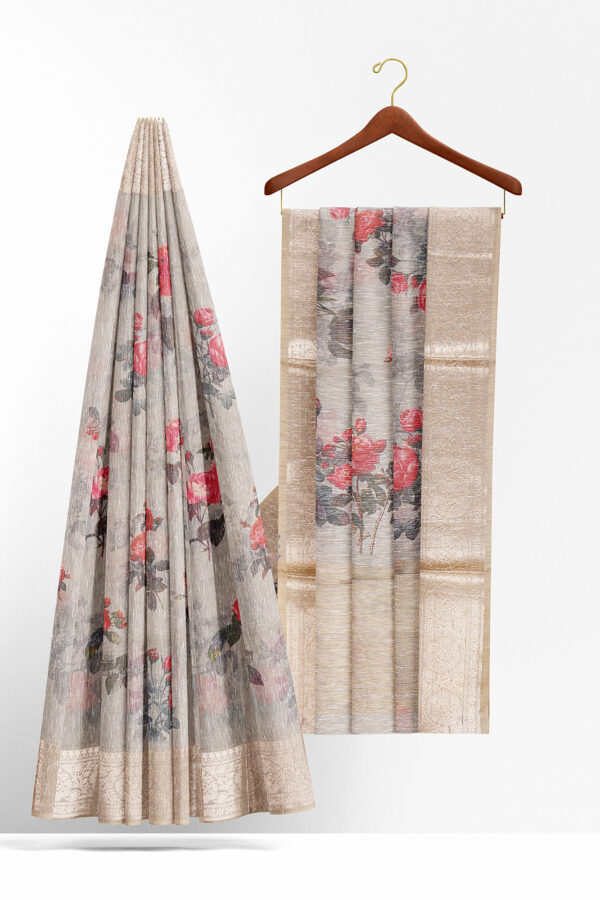 sri kumaran stores linen cotton grey saree with silver border 2