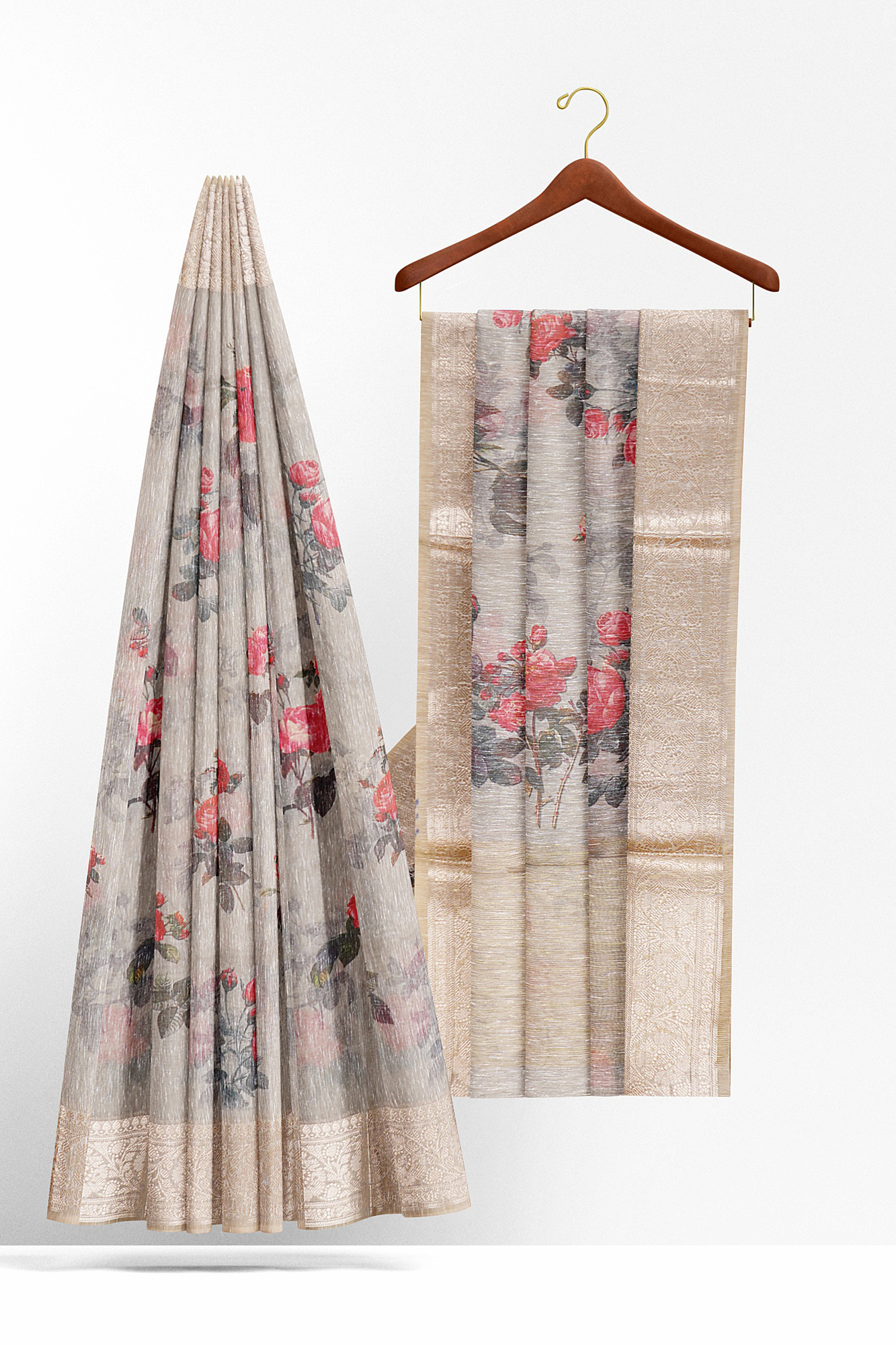 sri kumaran stores linen cotton grey saree with silver border 2