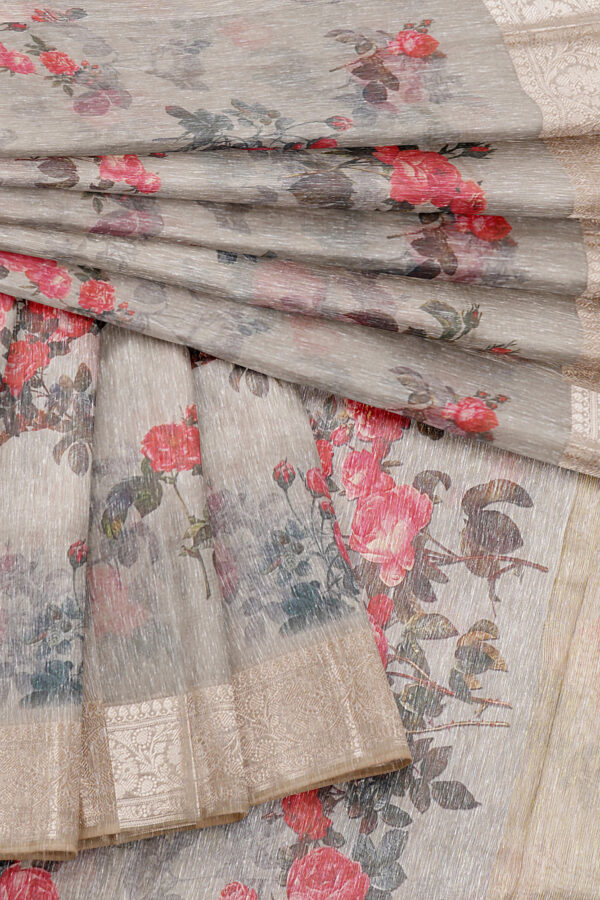 sri kumaran stores linen cotton grey saree with silver border 5