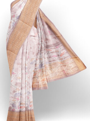sri kumaran stores linen cotton half white saree with golden border 1