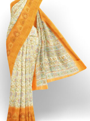 sri kumaran stores linen cotton half white saree with orange border 1