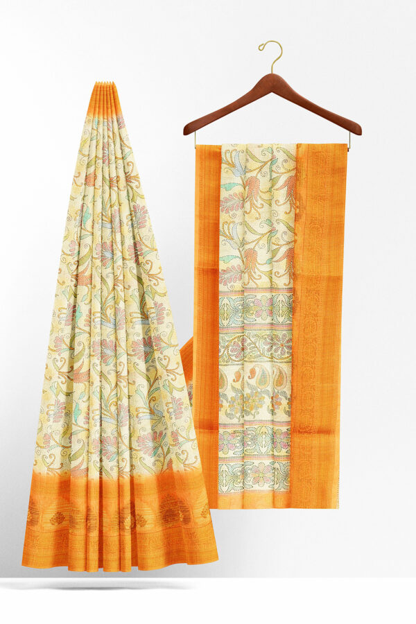 sri kumaran stores linen cotton half white saree with orange border 2