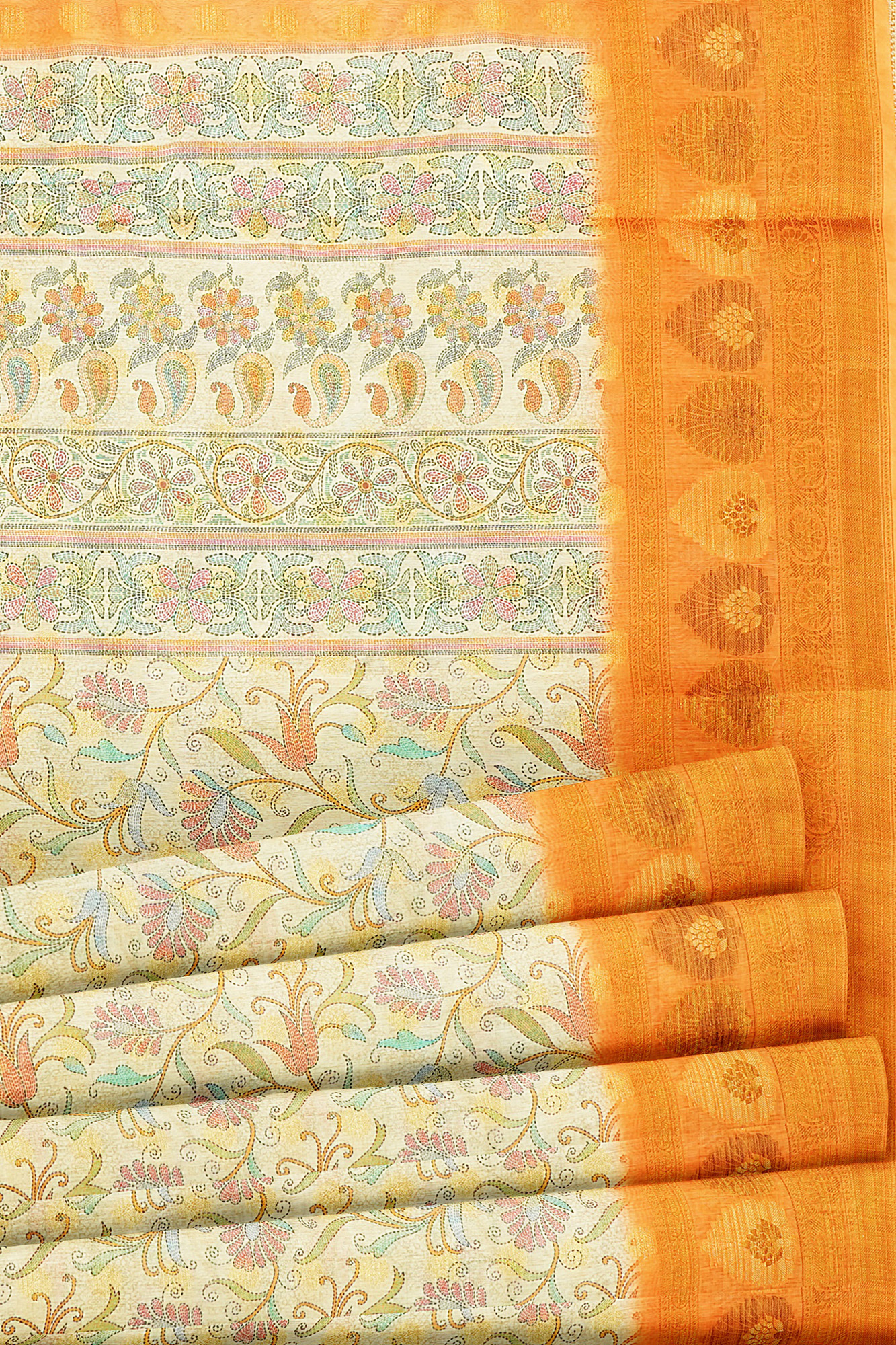 sri kumaran stores linen cotton half white saree with orange border 4